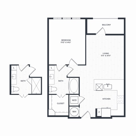 Floor plan for 1 bed, 1 bath, 735 sqft